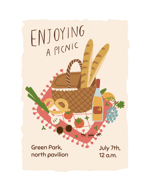 野餐海报，夏季野餐邀请模板，野餐篮子与食物，户外周末横幅。图片下载