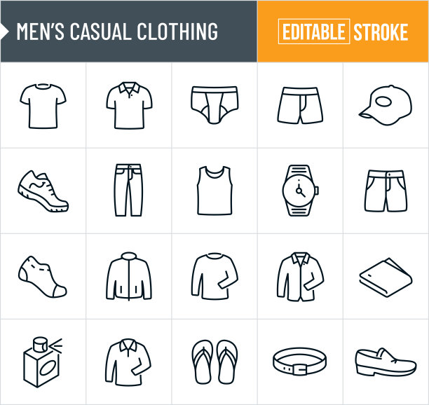 男士休闲服装细线图标-可编辑的笔画图片下载