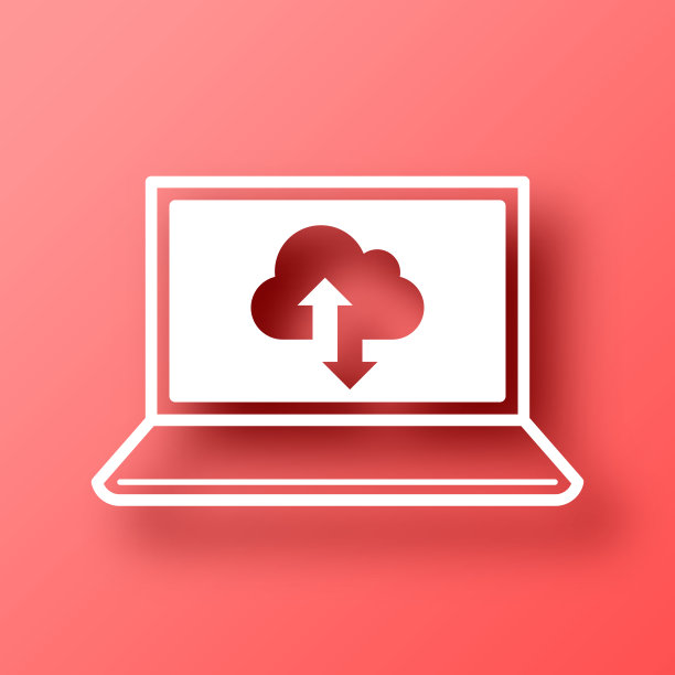 云下载和上传与笔记本电脑。图标在红色背景与阴影图片下载