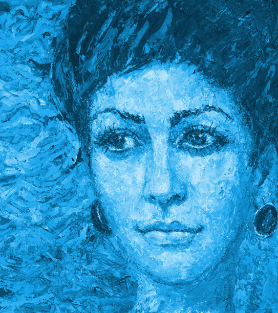 插图油画肖像的年轻女子与黑色的头发在蓝色图片下载