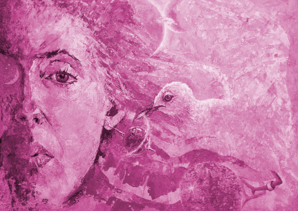 插图油画女人与飞鸟海鸥对宇宙行星的肖像图片下载