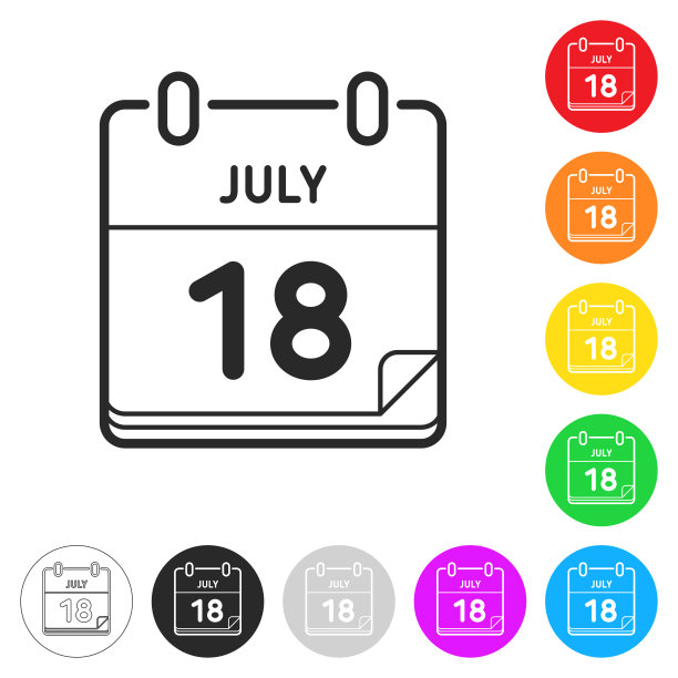 7月18日。按钮上不同颜色的平面图标图片下载