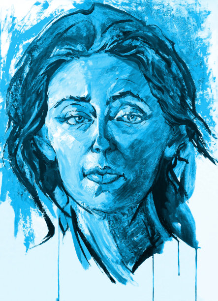 插图油画肖像的妇女长黑发在蓝色调图片下载