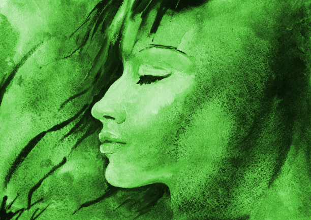 插图水彩画的一个年轻女子的侧面长发在风在绿色色调图片下载