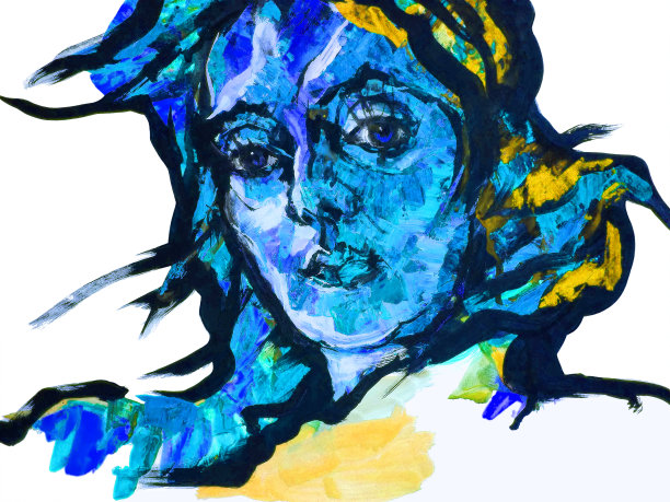 插图油画肖像的年轻女子与飘扬的头发在白色的背景图片下载