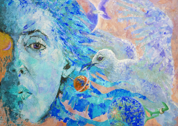 插图油画肖像的妇女与海鸥对抗宇宙和行星图片下载