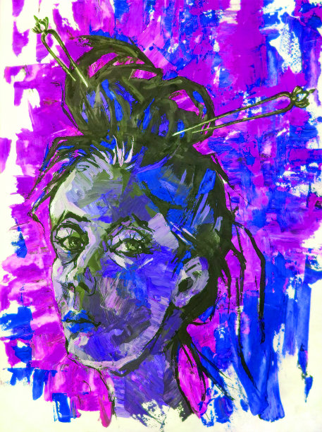 插图油画肖像的一个女人长黑发发夹在蓝色背景上的发型图片下载