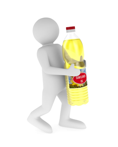 一名男子在白色背景上用塑料瓶装向日葵油。孤立的3 d演示图片下载