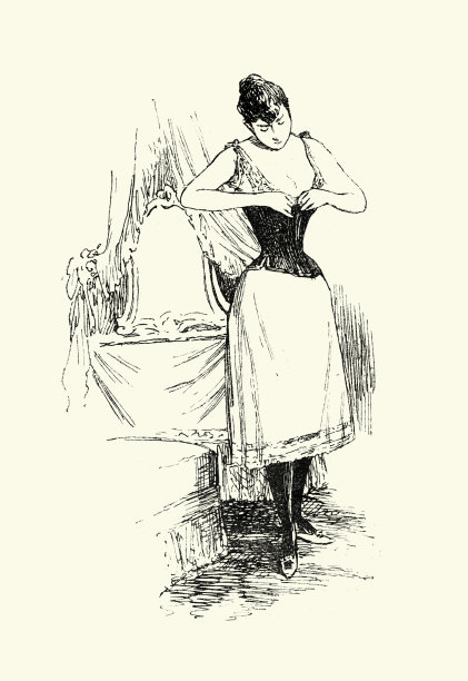 年轻女子穿衣服，穿上紧身胸衣，维多利亚，法国，19世纪图片下载