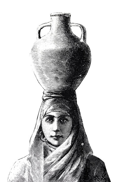 东方妇女与头巾平衡罐子在她的头上，正面观点，白色背景图片下载