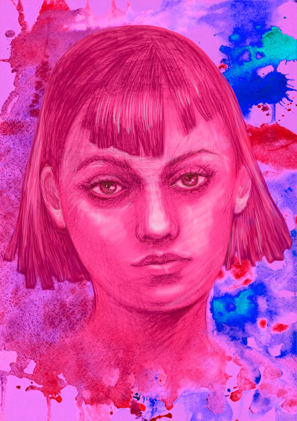 插图水彩肖像的一个年轻女子的背景在粉红色的色调图片下载