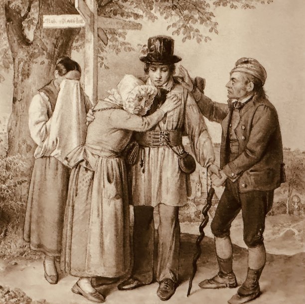 年轻的旅行工人向父母告别图片下载