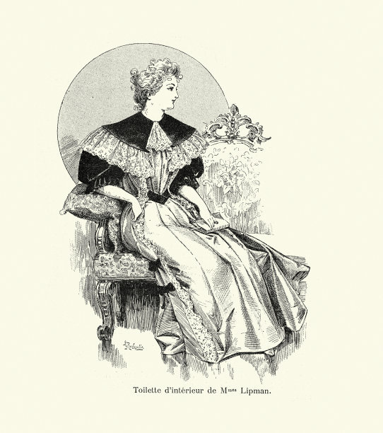 19世纪，19世纪，19世纪，19世纪，维多利亚时代的女性时装，带蕾丝装饰的室内连衣裙图片下载