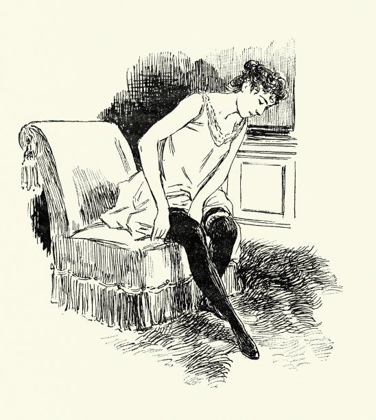 年轻女子穿衣服，坐下来穿上长袜，维多利亚，法国，19世纪图片下载