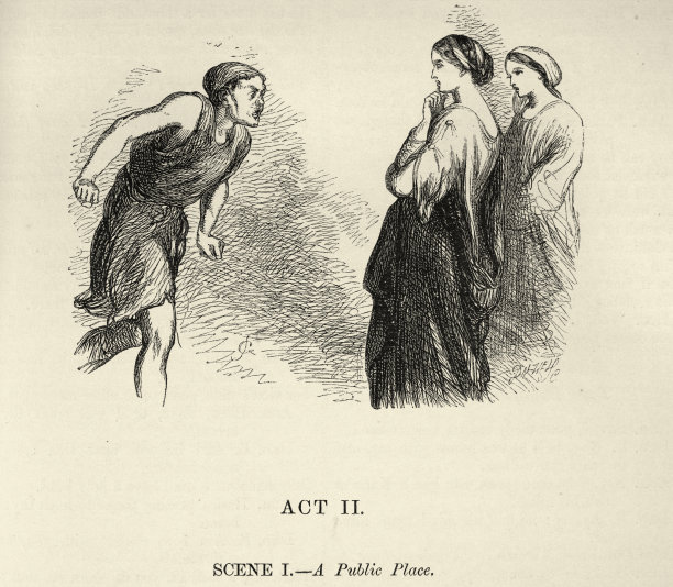 以弗所的卓米奥回到他的情妇阿德里亚娜身边，这是威廉·莎士比亚戏剧《错误喜剧》的场景图片下载