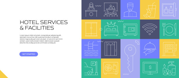 酒店服务和设施网络横幅与线性图标，新潮的线性风格矢量图片下载