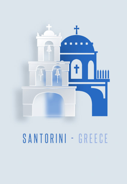 圣托里尼钟塔和希腊伊亚的蓝色圆顶在平面设计上的插图图片下载