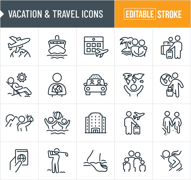 度假和旅行细线图标-可编辑笔画图片下载