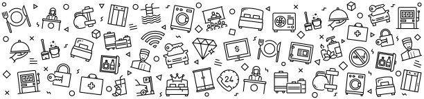 酒店服务和设施模式线性图标，潮流线性风格向量图片下载