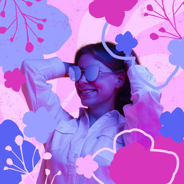 明亮的艺术品。美丽浪漫的女孩绘制彩色花卉背景。当代拼贴。杂志封面设计。图片下载