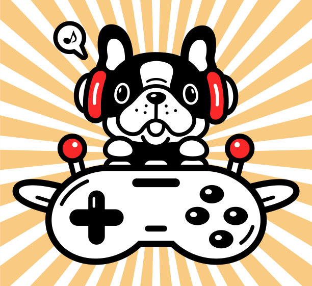 戴耳机、开游戏手柄飞机的可爱法斗卡通形象设计图片下载