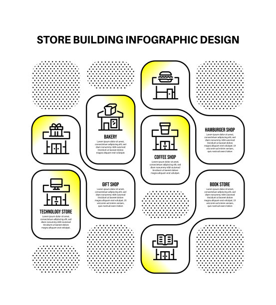 信息图设计模板与商店建筑的关键字和图标图片下载