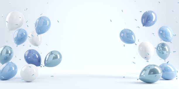 蓝色背景的彩色气球和五彩纸屑。3d渲染，生日派对，父亲节，新年背景，拷贝空间。图片下载