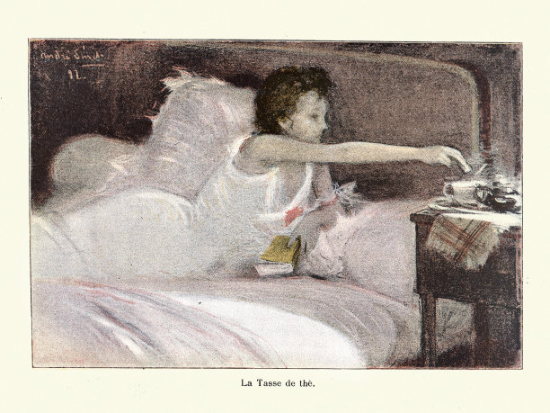 安德烈·西奈的蜡笔画，年轻女子在床上喝茶看书，维多利亚艺术，1890年代图片下载