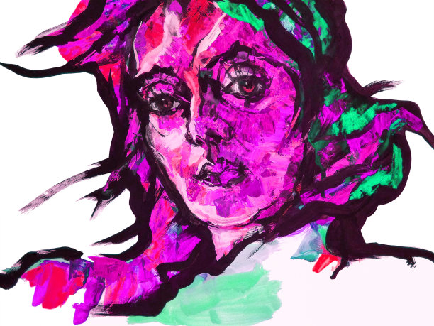 插图艺术油画肖像一个年轻的女人与飘扬的头发在白色背景图片下载