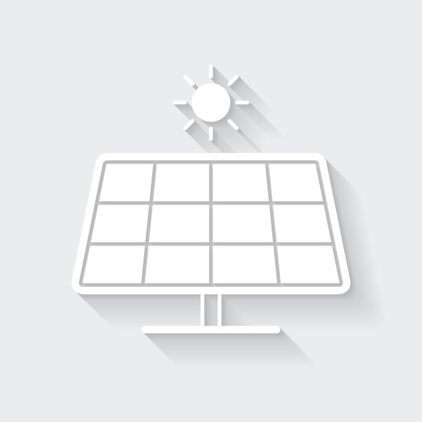 太阳能电池板与太阳。图标与空白背景上的长阴影-平面设计图片下载