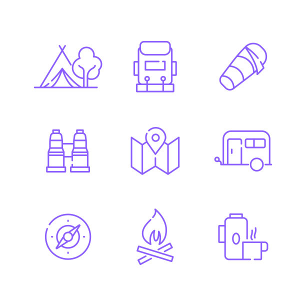 集合露营和户外相关的线图标。轮廓符号集合，可编辑的描边图片下载