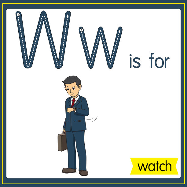 矢量插图学习字母为儿童与卡通形象。字母W代表手表。图片下载