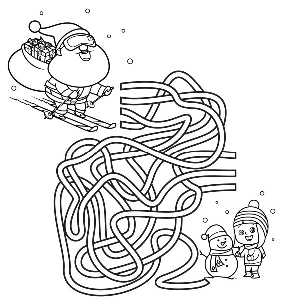 黑与白，儿童迷宫游戏。滑雪的圣诞老人和堆雪人的小女孩图片下载