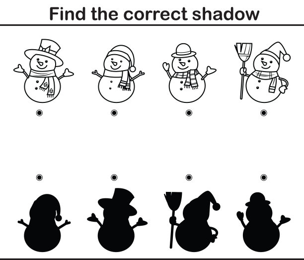 黑与白，儿童教育游戏。找到正确的影子。孩子们和可爱的雪人一起活动图片下载