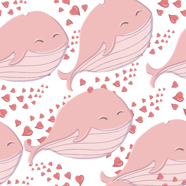 无缝图案可爱的鲸鱼在海上与心图片下载