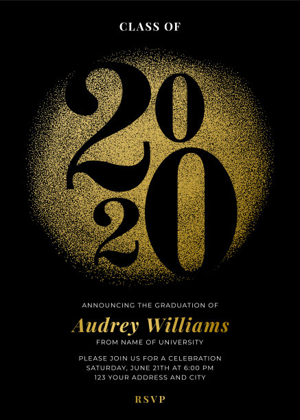 2020届毕业班。聚会的邀请。金光闪闪的贺卡。图片下载