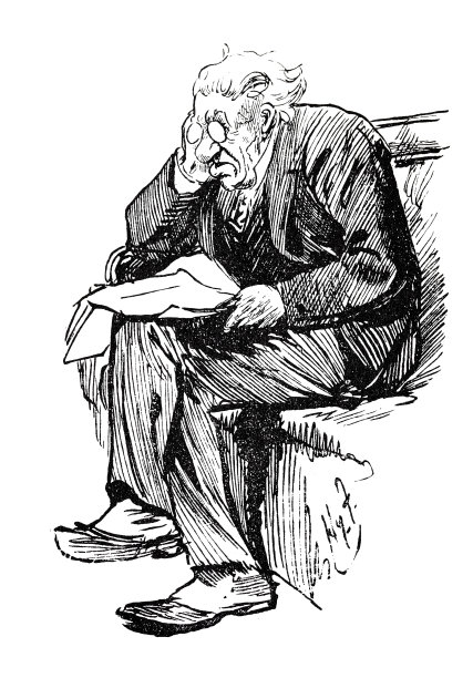 戴眼镜的老人坐在白色背景的沙发上看报纸图片下载