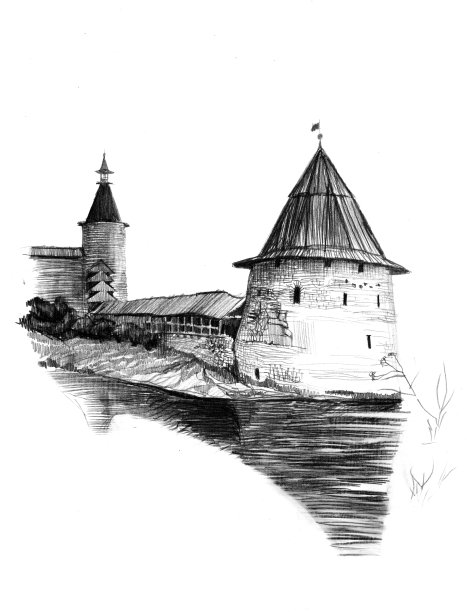 黑白铅笔画。从普斯科夫河上俯瞰古老的中世纪克里姆林宫城堡图片下载