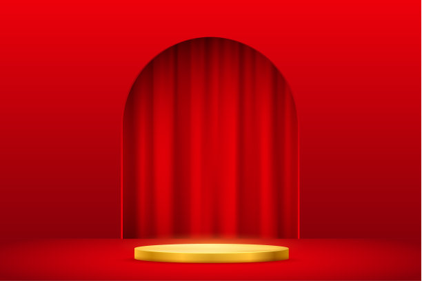 3D豪华的金色讲台，红色的窗帘在拱门的门口矢量插图。现实的展示台座，为优质的美容产品展示，空的舞台与平台和壁龛在墙上图片下载
