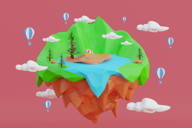 概念旅游夏季度假岛景观，抽象的山和海或湖，孤立的粉红色背景，设计为横幅，海报，宣传册，传单，封面，3D渲染插图，低聚风格图片下载