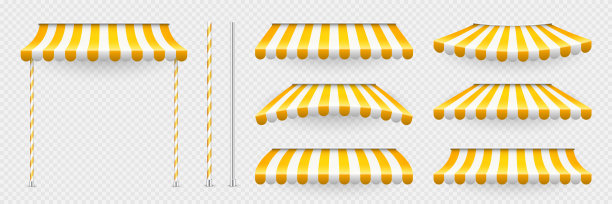 带有支架的黄色商店遮阳伞。逼真的条纹咖啡馆遮阳篷。露天市场帐篷。屋顶树冠。夏街商店。矢量图图片下载