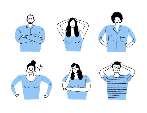 一组愤怒和沮丧的人在不同的动作和服装图片下载