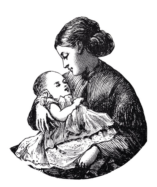 年轻的母亲抱着一个熟睡的婴儿，白色的背景图片下载