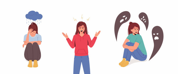 一组患有精神疾病的年轻女性好斗，恐惧，抑郁。愤怒，攻击性，压力，恐惧，恐慌发作，抑郁，图片下载