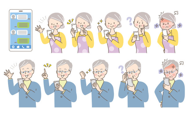面部表情集年长女人和男人操作智能手机图片下载
