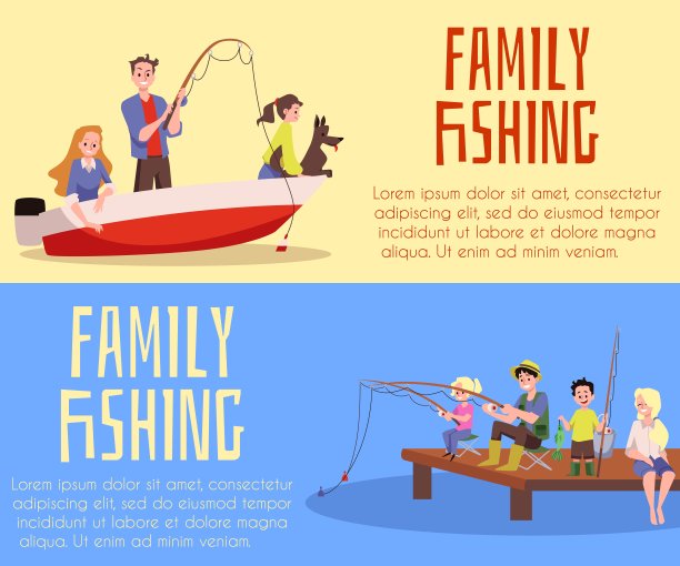 横幅或传单集与家庭一起钓鱼，平面矢量插图。图片下载