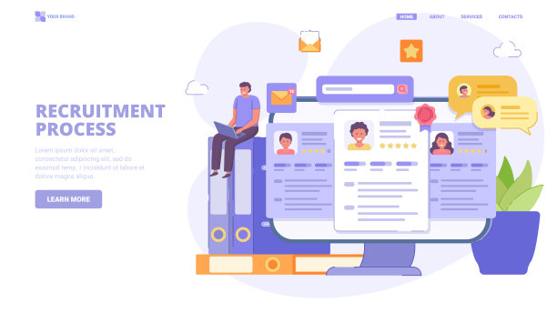 招聘，在线搜索员工，招聘流程，人力资源管理。平面设计概念与字符登陆页。矢量插图的网站，登陆页，横幅。图片下载