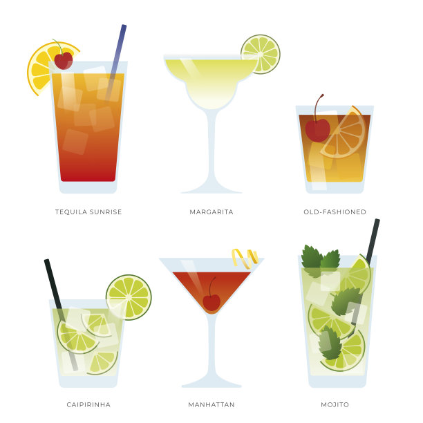 一套六种流行鸡尾酒。为菜单设计创建。一套酒精饮料龙舌兰日出，玛格丽塔，老式，Caipirinha，曼哈顿和莫吉托。图片下载