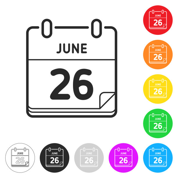 6月26日。按钮上不同颜色的平面图标图片下载