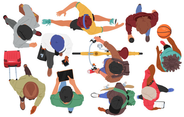 男性角色在俯视下行走，男性有目的地自信地移动，创造出协调的步伐交响曲图片下载